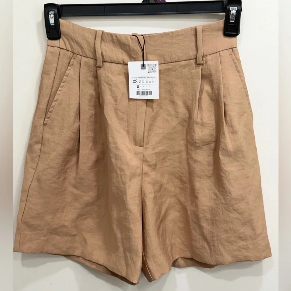 Zara Tan Pleated High-Waist Bermuda Shorts